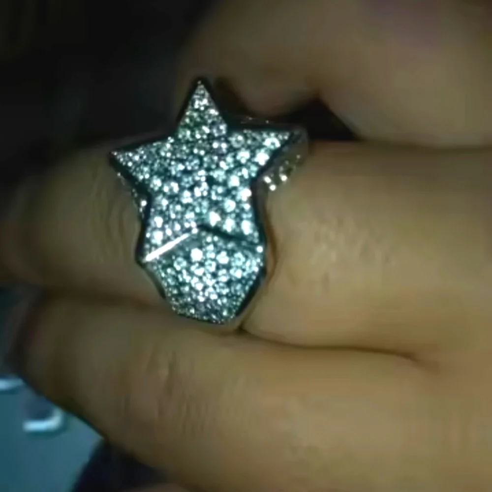 Unisex Blinged Out Silver Geometric Star Ring Sz 10